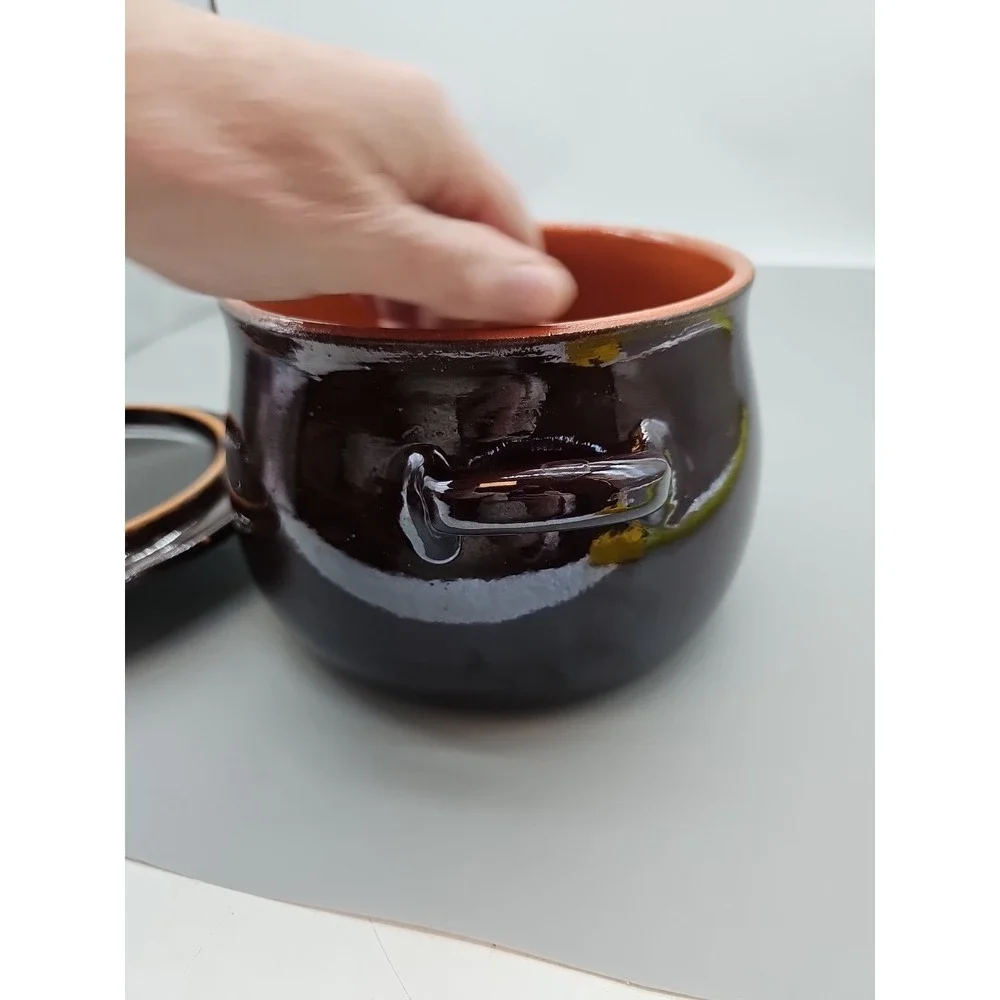 Bean Pot With Lid Crock Brown Glazed Ceramic Pottery Stoneware
